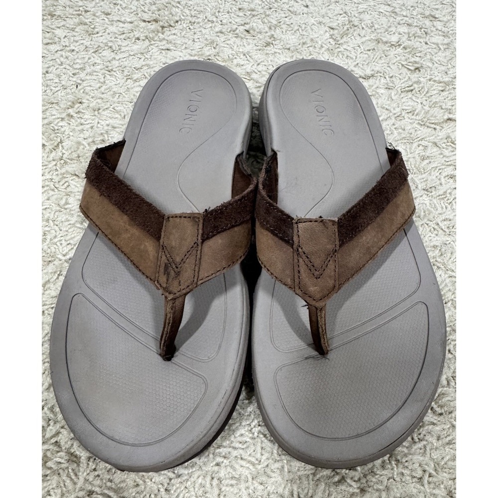 VIONIC Dennis Brown Flip Flop‎ Comfort Sandals Mens 7 Brown Leather Suede Beach